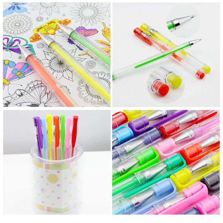 Set of 100 assorted colour gel pens with plastic bodies, showing 0.5mm and 1mm tip options.