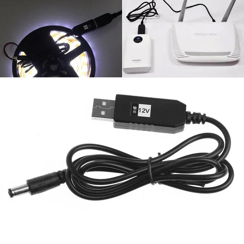 Black USB to 12V step-up converter cable with 2.1x5.5mm plug and USB A male connector, 1 metre length on white background