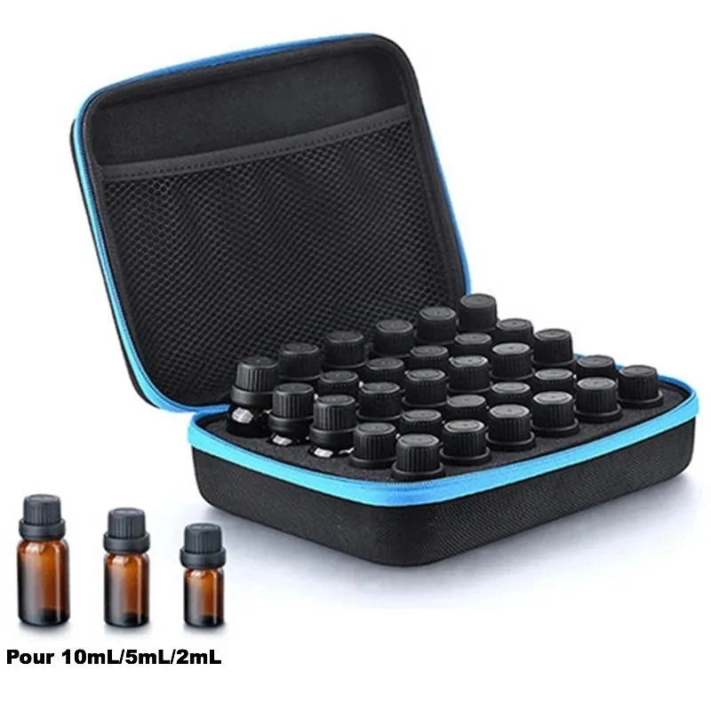 Red EVA cube-shaped bag with 30 compartments for 15ml essential oil bottles, shown with zipper open.