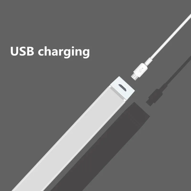 Silver aluminium magnetic LED closet light with motion sensor and USB charging port.