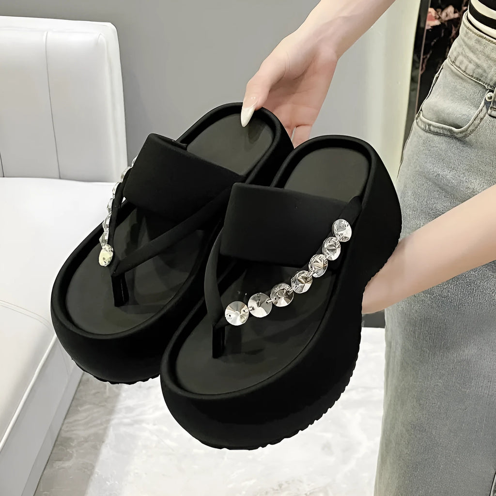 Women's black satin thick-soled flip-flops with rhinestone detail, round head, rubber sole, size 34-40