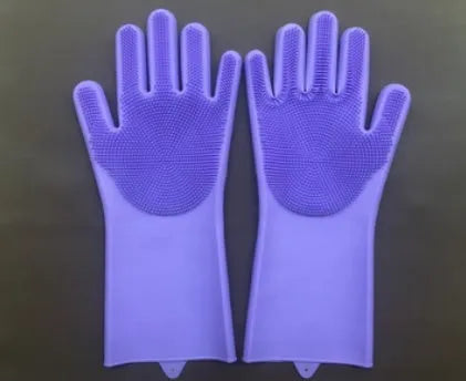 Blue silicone cleaning gloves with a textured sponge palm design for scrubbing.