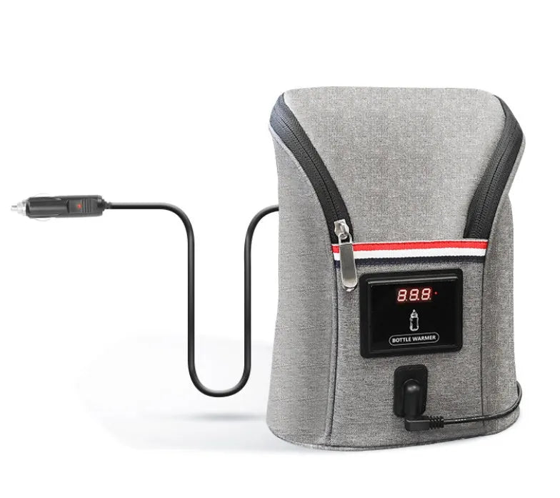 Grey Oxford cloth portable car baby bottle warmer with digital display and car charger