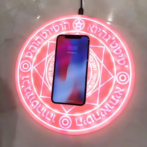 10W fast wireless charger with glowing magic array pattern on ultra-thin 25cm square base