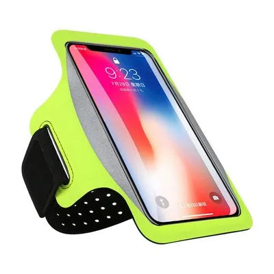 Black running armband phone case with transparent screen and card slot on a person's arm.