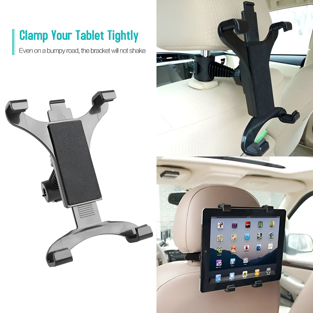 Black car headrest mount holder with four-point clamp for tablet on bumpy roads