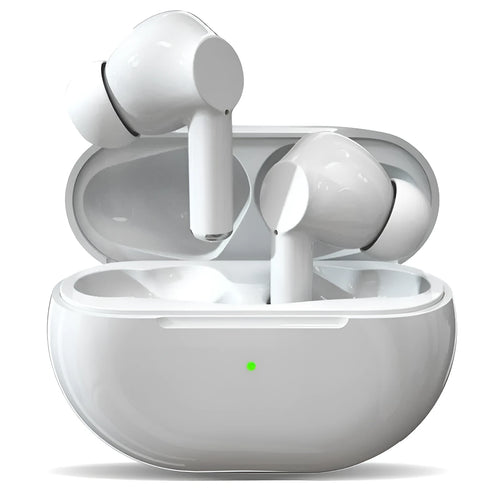 Pro4 black and white wireless Bluetooth earbuds with a USB charging case and cable.
