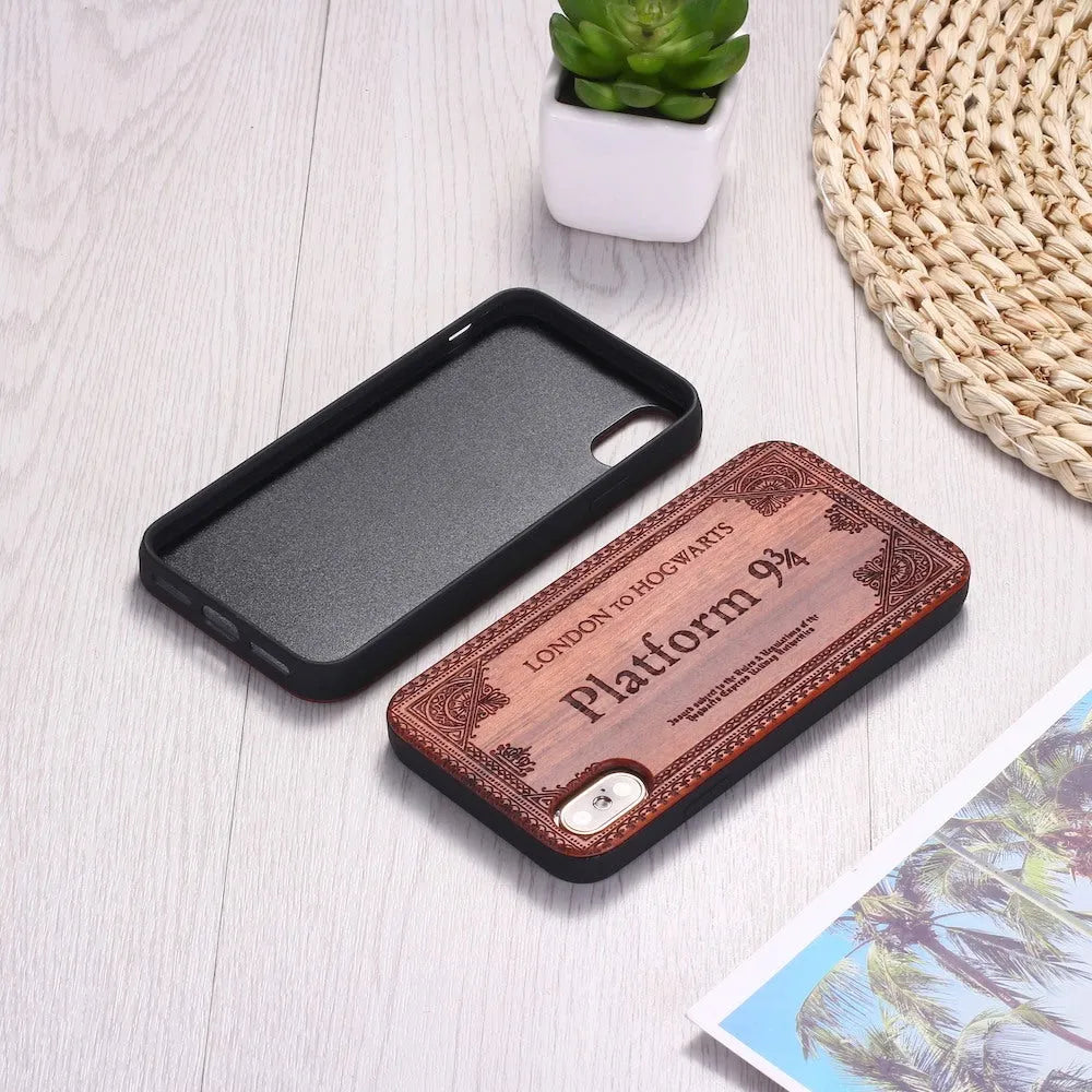 Laser-carved wooden back cover iPhone case with TPU frame showing detailed pattern.