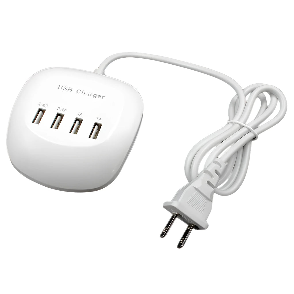 White dual USB wall charger with EU plug style next to smartphone and tablet