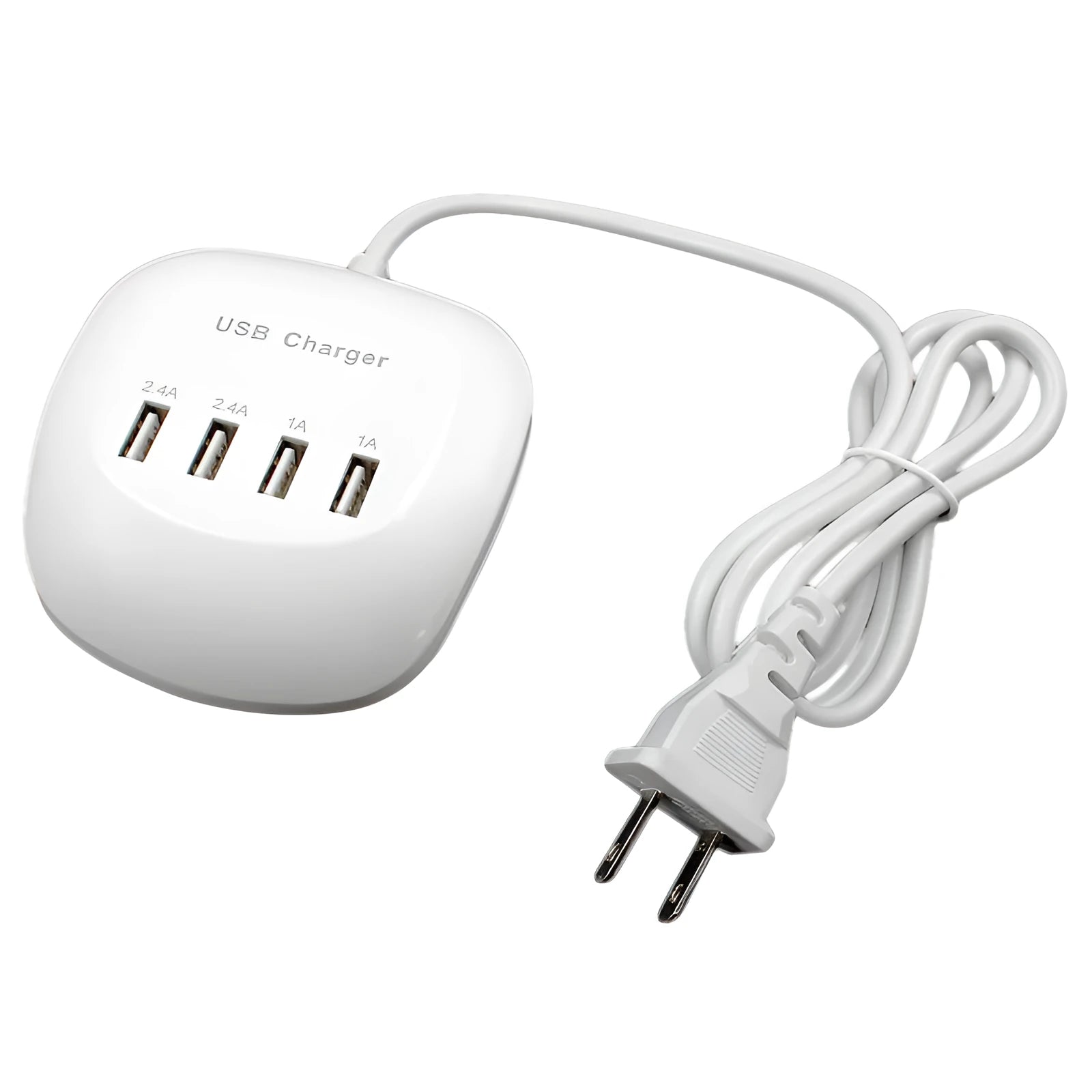 White dual USB wall charger with EU plug style next to smartphone and tablet