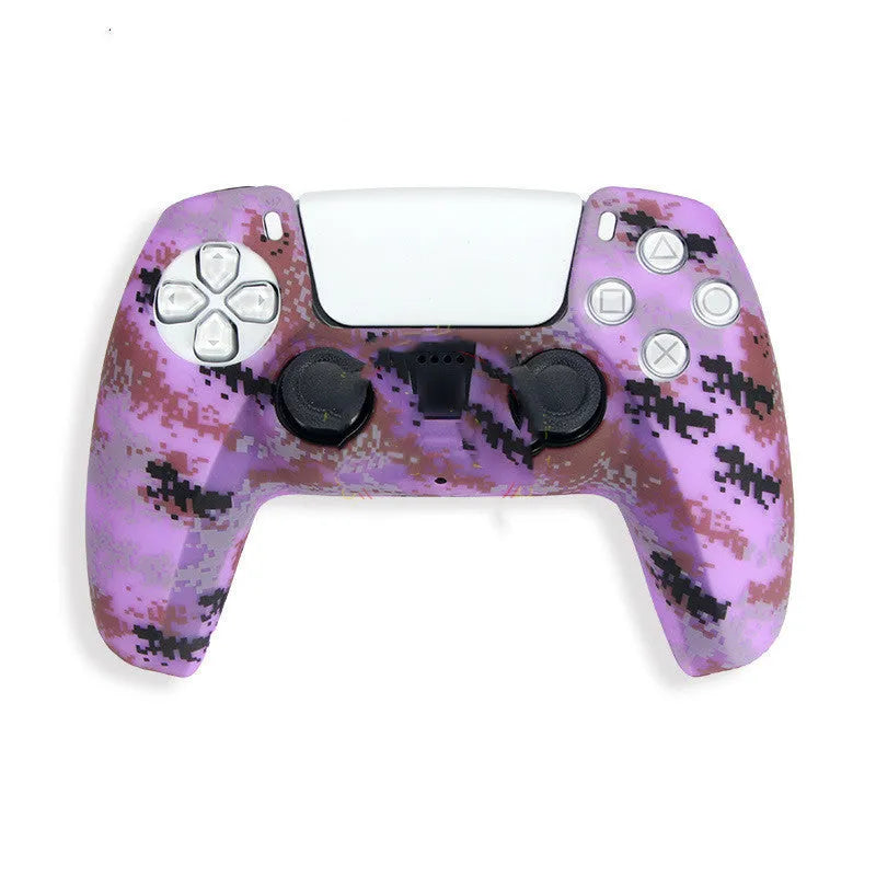 Camouflage patterned silicone grip case fitted on a black Sony PS5 DualSense controller.