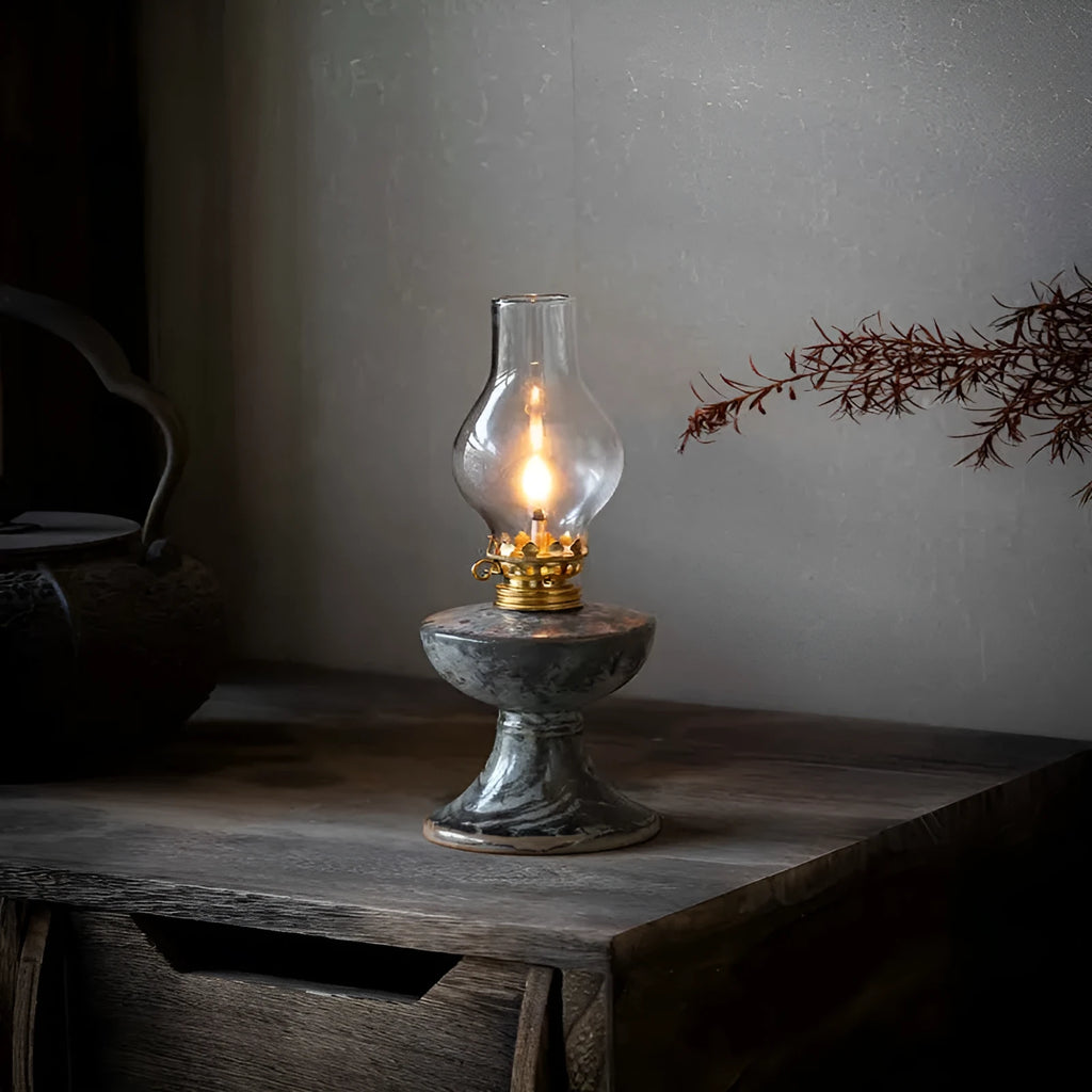 Retro split design black Shino kerosene lamp night light with antique handmade finish, 23.8cm height