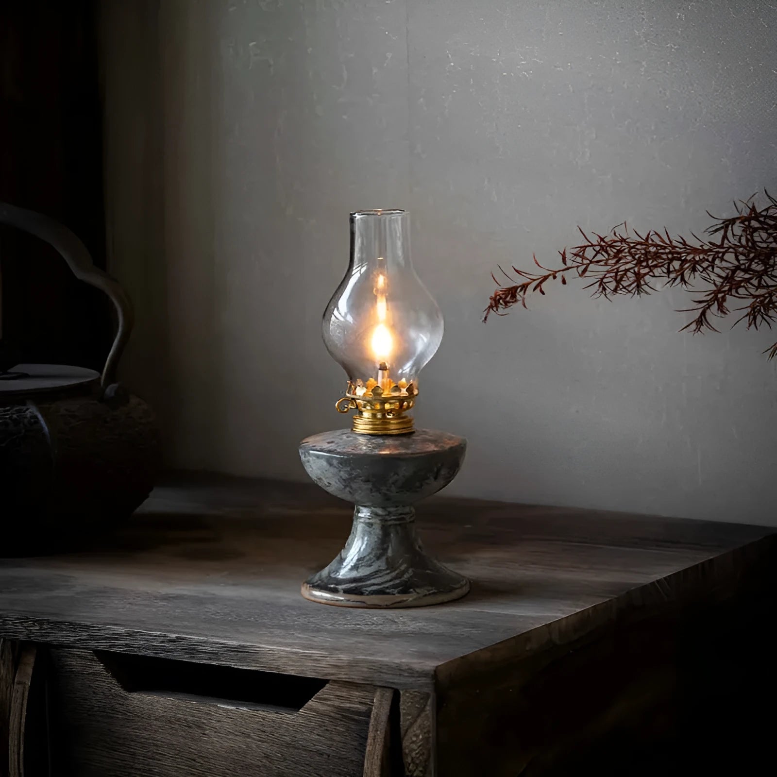 Retro split design black Shino kerosene lamp night light with antique handmade finish, 23.8cm height