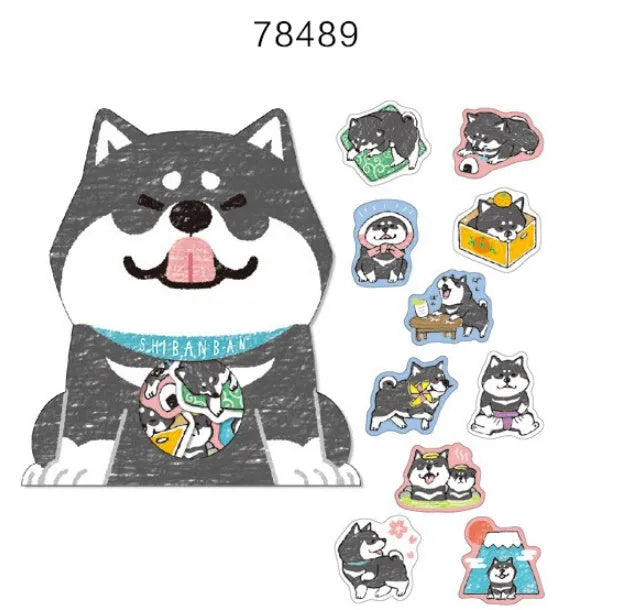 Pack of irregular-shaped dog-themed stickers in black, light brown, and orange colours for journal decoration.