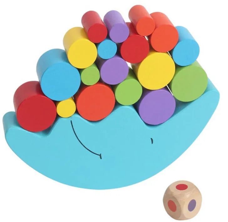 Yellow and blue wooden moon balance game toy for children ages 2-4 on white background