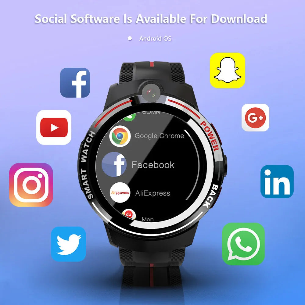 4G smart watch with ceramic bezel, AMOLED screen, rubber wristband, and touch buttons on a wrist