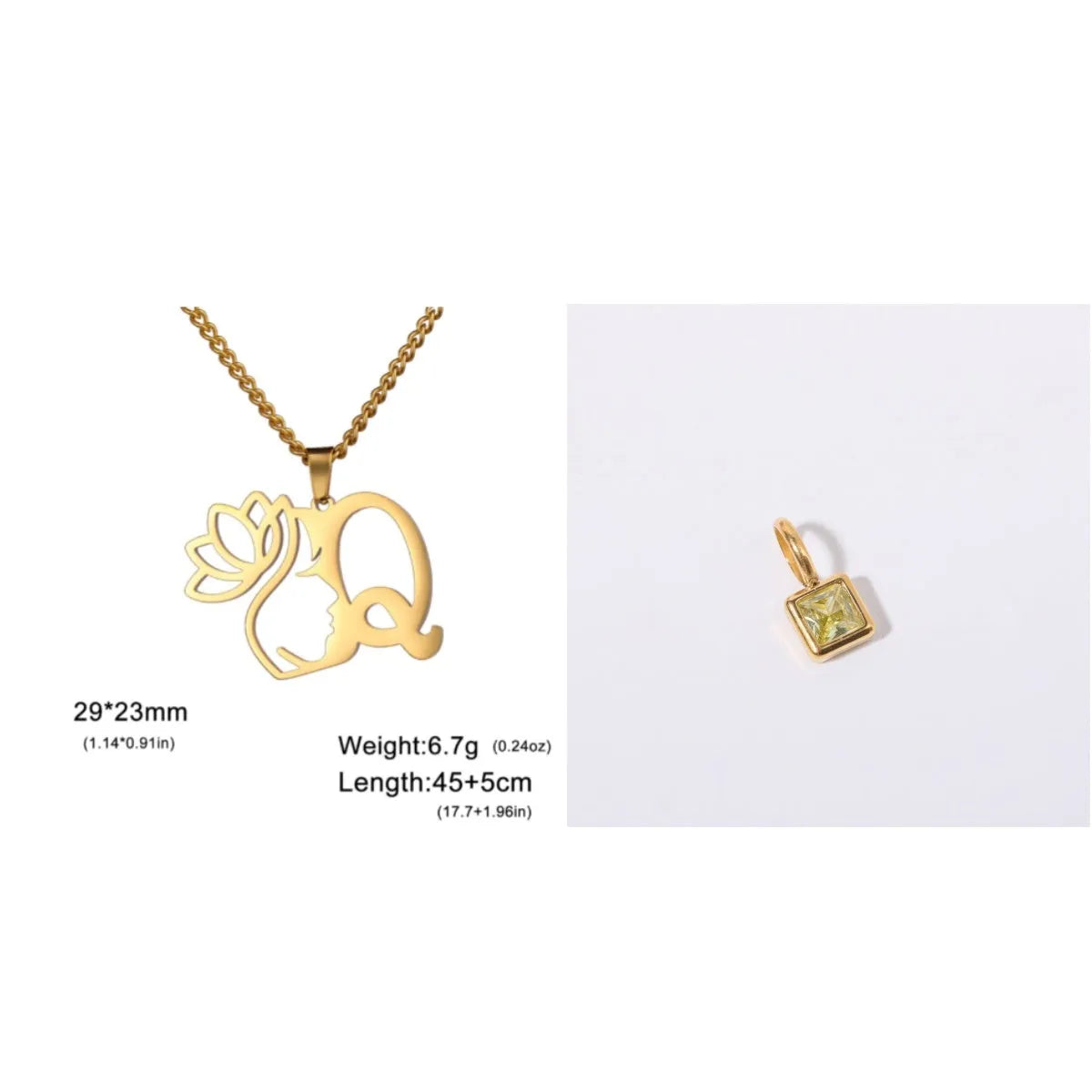 Stainless steel necklace with cross chain and a single initial pendant in a gold or silver finish.