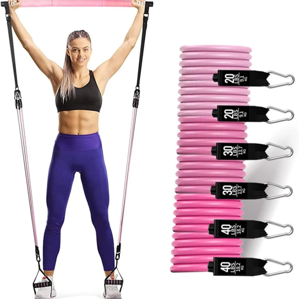 Yoga gymnastic bar with 180 pounds resistance band set in black or pink TPE material