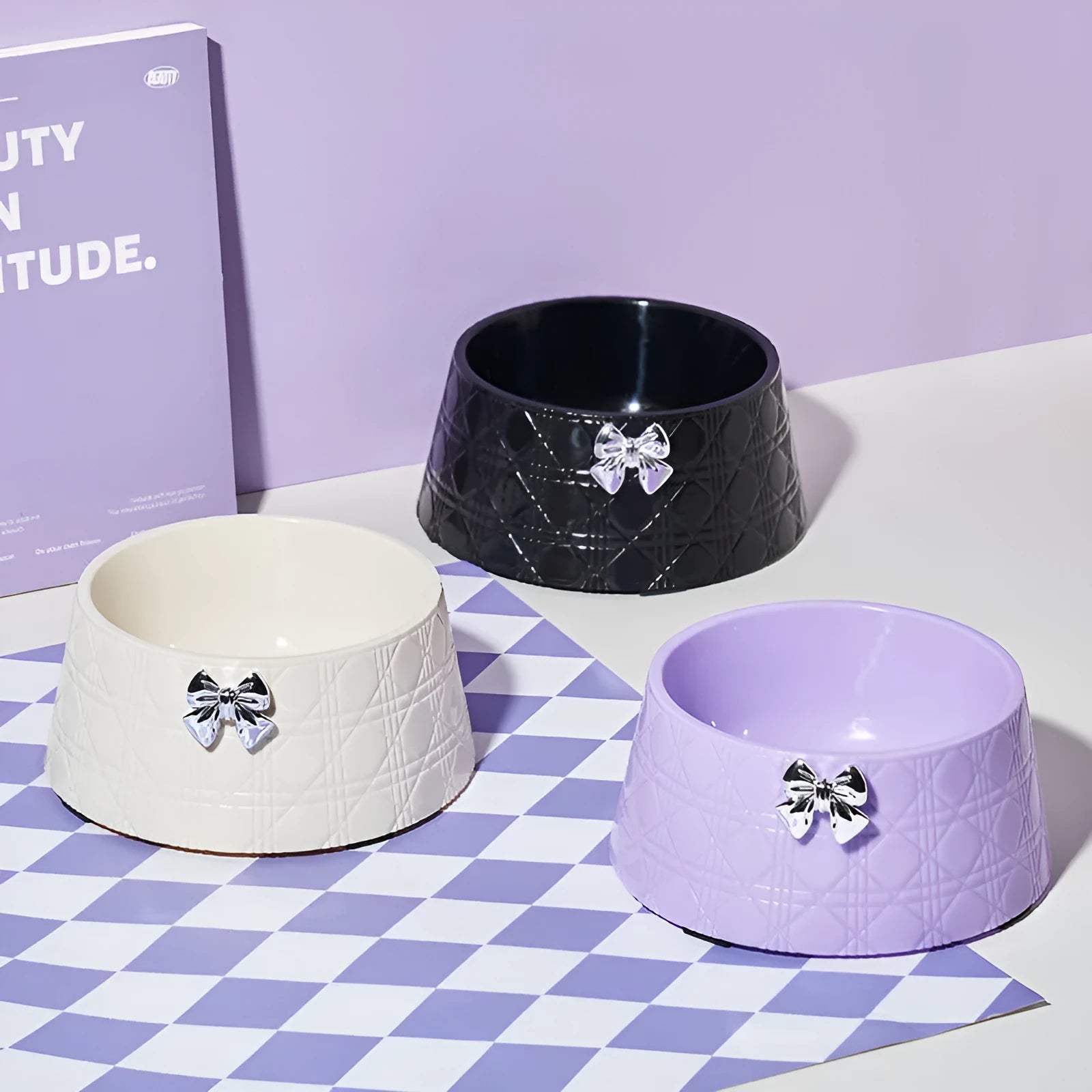 Bowknot pet feeding bowl with diamond pattern in multiple colour options