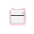 Pink mini pocket Bluetooth thermal printer measuring 90x45x82mm with USB charging cable