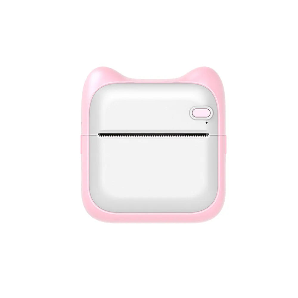 Pink mini pocket Bluetooth thermal printer measuring 90x45x82mm with USB charging cable