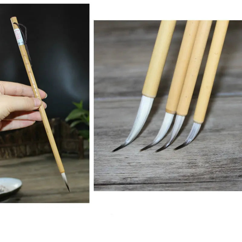 Set of four gold-coloured calligraphy brushes with wolf wool thread and mixed hair tips.