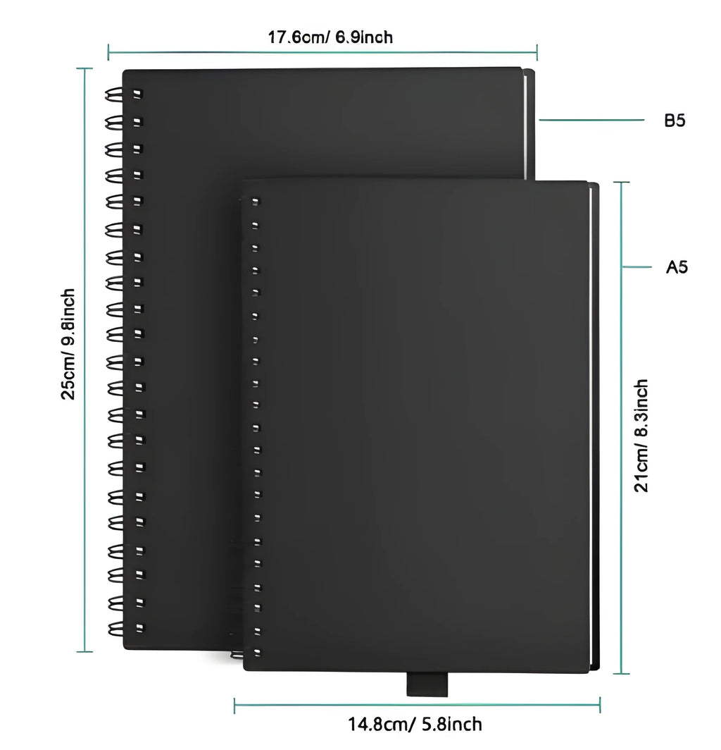 Black PP cover rewritable paper notebook with spiral binding, open to a page with handwriting, pen included