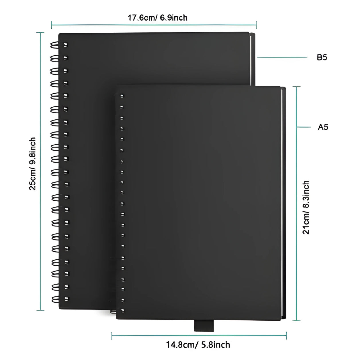 Black PP cover rewritable paper notebook with spiral binding, open to a page with handwriting, pen included