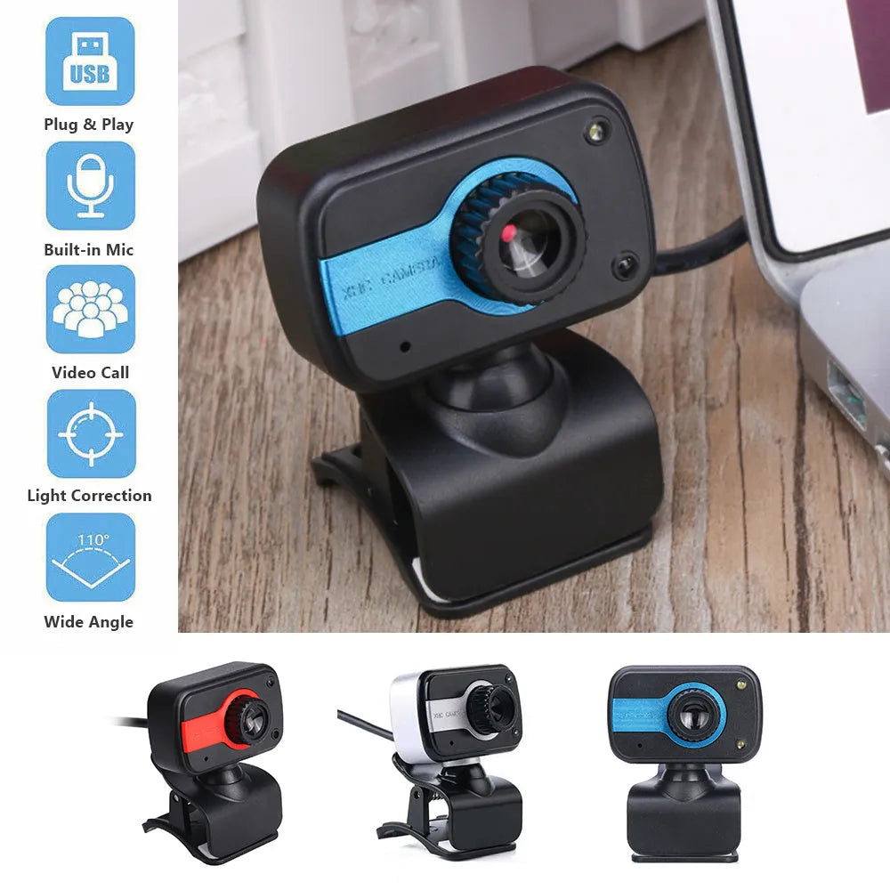 Mini driverless USB webcam with rotating lens in blue, red, or white colours.