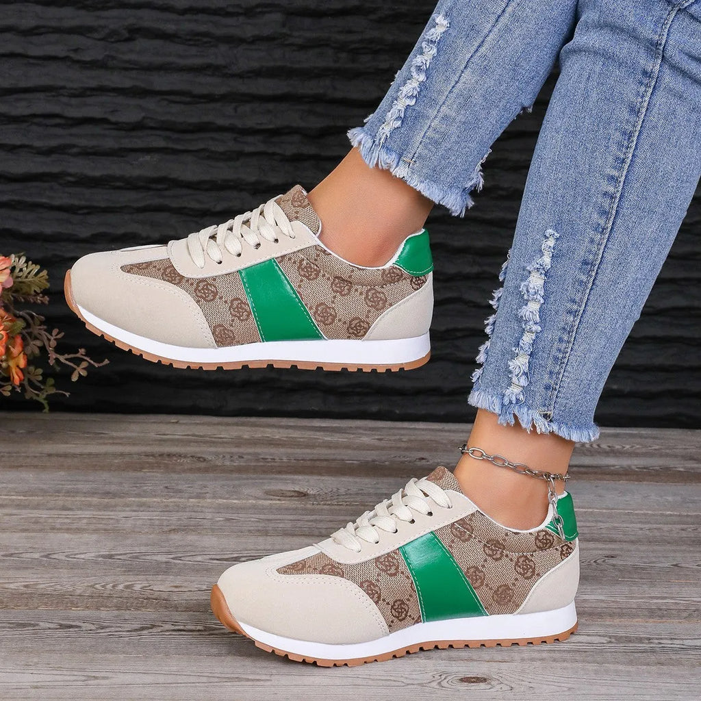 Women's oversized casual shoes with flower lace-up design in khaki colour showing cross strap detail