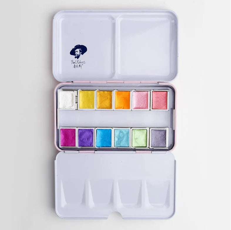 Solid watercolour paint palette with pearl finish pans, shown in 12-colour and 24-colour set options.