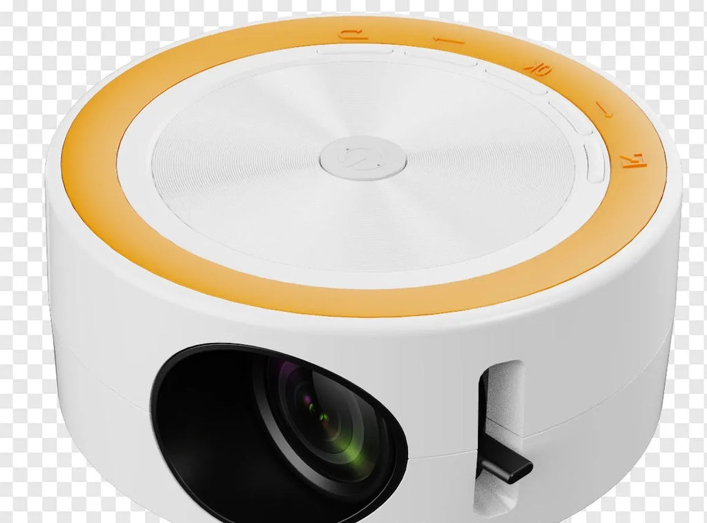 YT200 home wired LED projector in black, front view showing compact 110x47mm size