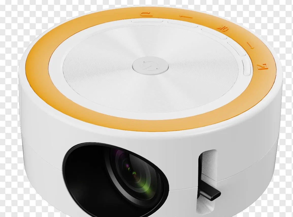 YT200 home wired LED projector in black, front view showing compact 110x47mm size