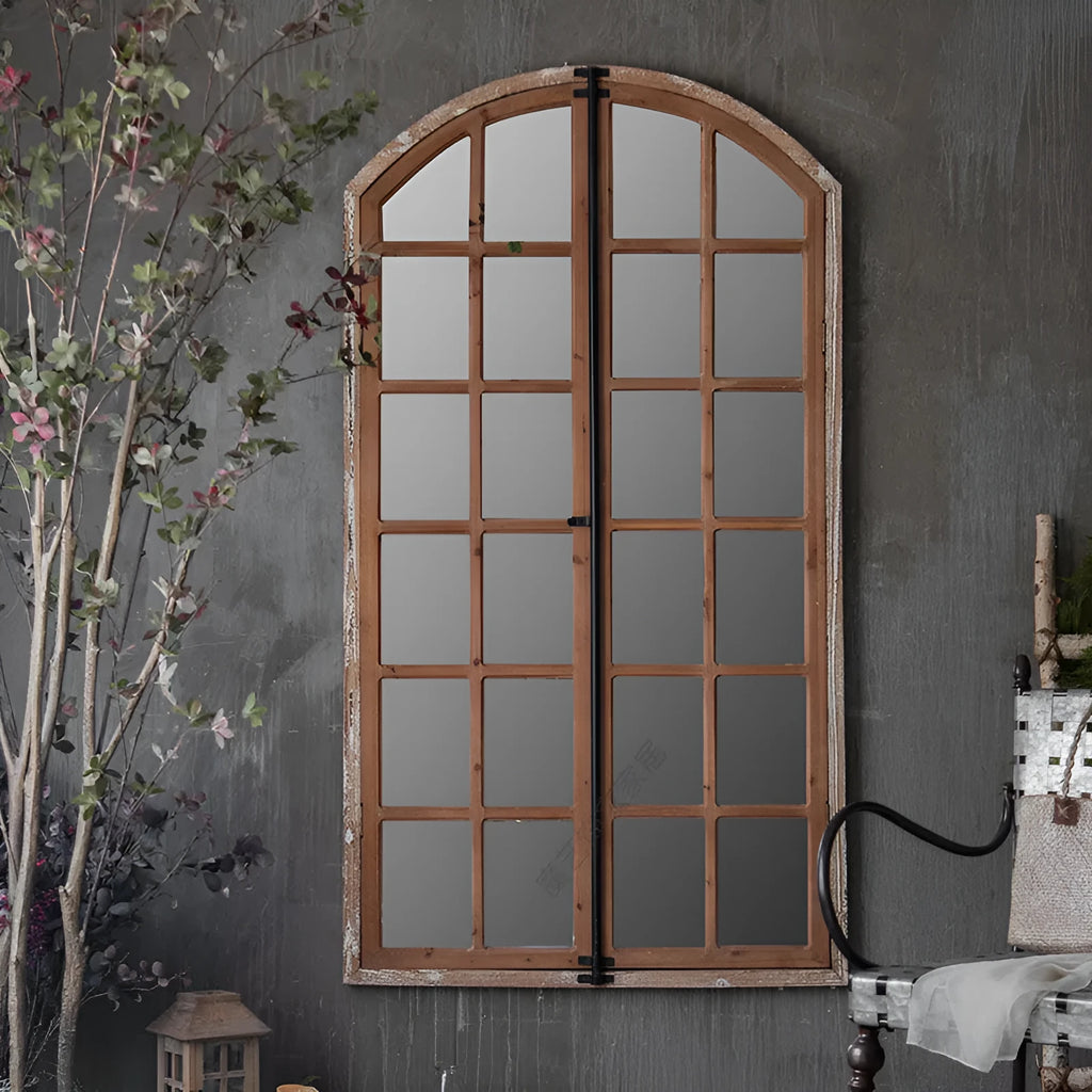 Terrace Distressed fake window wall mirror in log colour with wooden frame