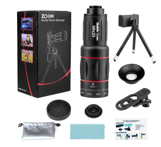 18X mobile telephoto lens with universal clip and flexible aluminium tripod for Samsung smartphones