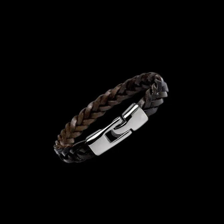 Hand-woven leather and alloy bracelet in vintage style, 21cm length, black colour