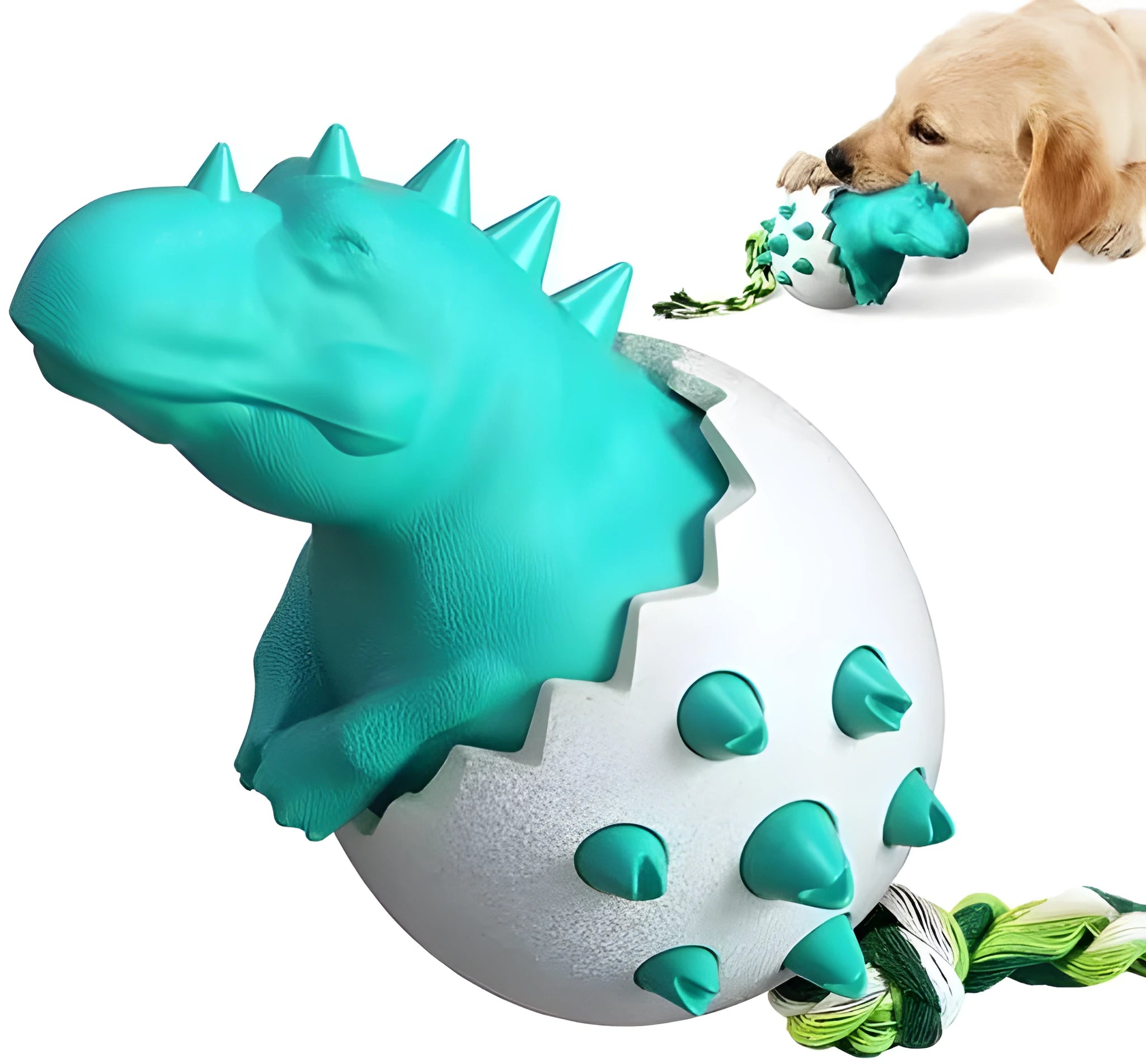 Blue durable rubber dinosaur dog chew toy with integrated rope for aggressive chewers.