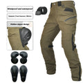 Men's green waterproof motorcycle cycling trousers with belt and protective gear on hanger.