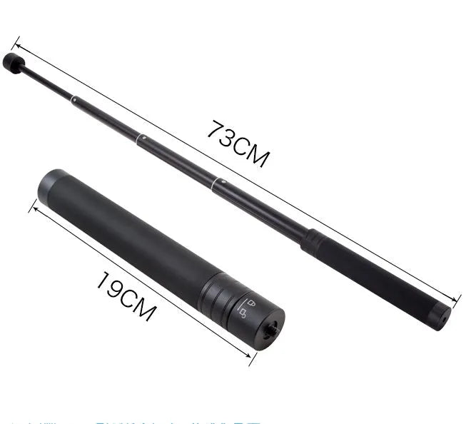 Black retractable aluminium selfie stick extended with phone attached, showing Bluetooth remote and tripod stand.
