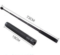 Black retractable aluminium selfie stick extended with phone attached, showing Bluetooth remote and tripod stand.