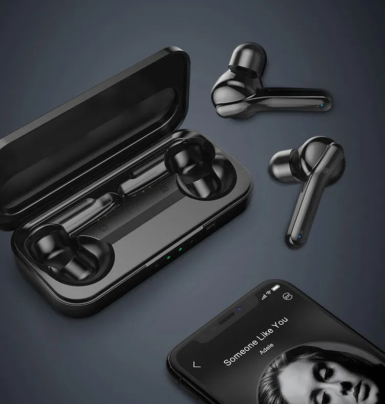 Black and white true wireless Bluetooth earbuds with IPX5 waterproof rating.