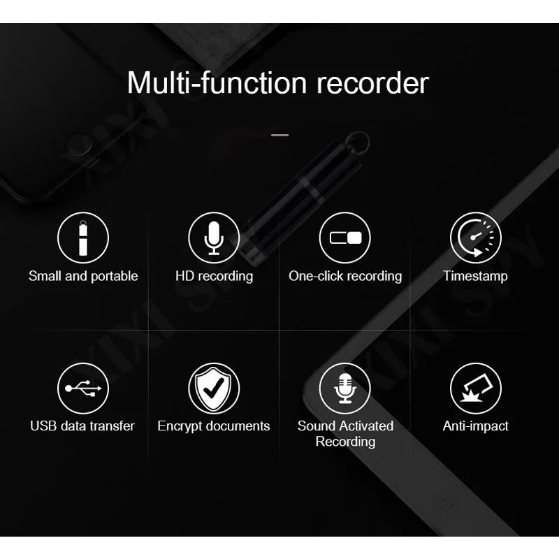 Black metal voice recorder with headset, available in 4GB, 8GB, 16GB, 32GB storage.