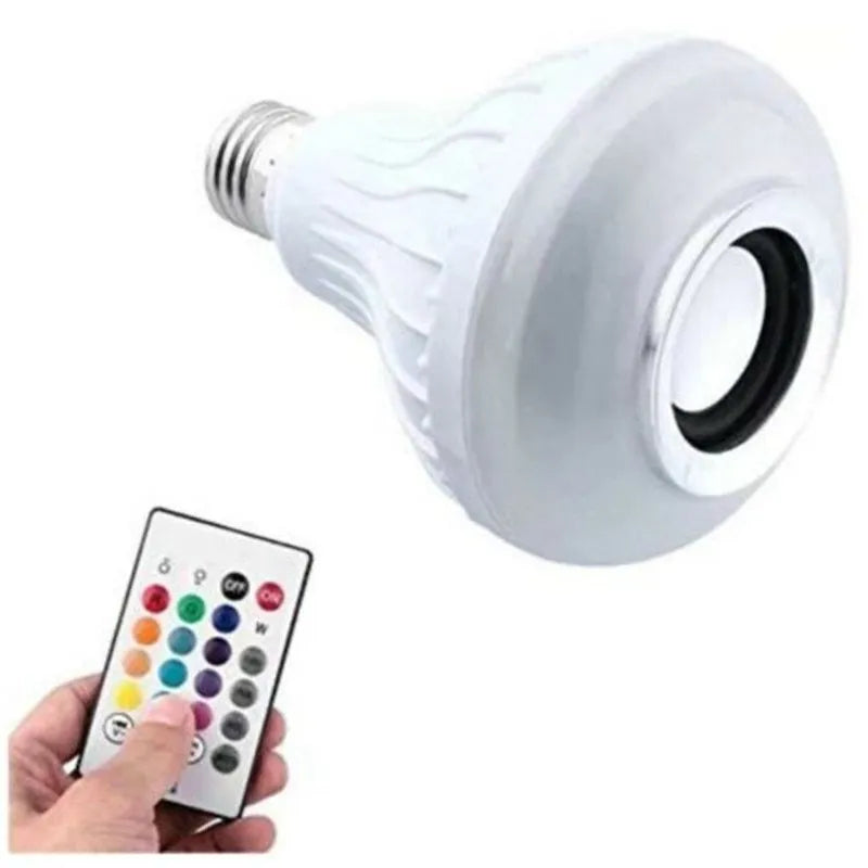 White Bluetooth speaker LED bulb with E27 base showing RGB colour illumination