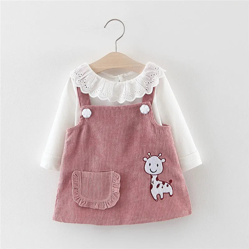 Baby girl cotton dress set with long sleeves and suspender style, featuring animal and cartoon prints in solid colour