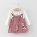 Baby girl cotton dress set with long sleeves and suspender style, featuring animal and cartoon prints in solid colour