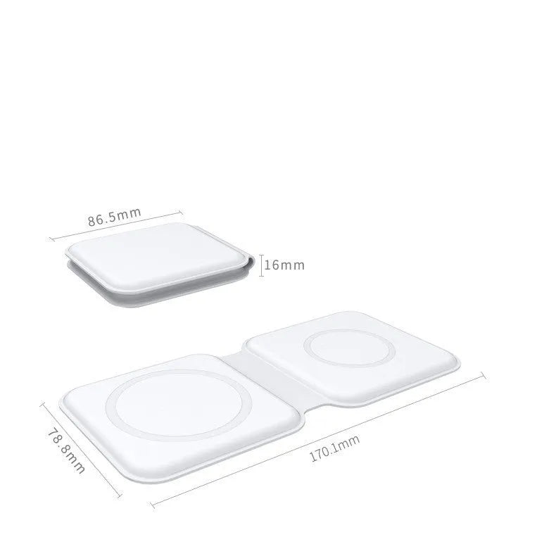 White foldable dual-pad magnetic wireless charging dock shown at an angle on a table.