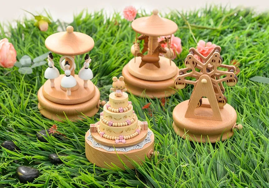 Wooden music box with rotating handle playing City of the Sky melody, European style table decoration