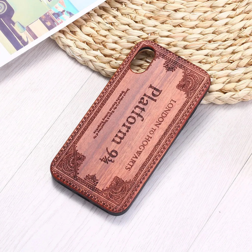 Laser-carved wooden back cover iPhone case with TPU frame showing detailed pattern.