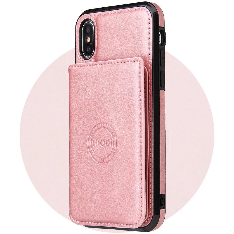 Synthetic leather back cover phone case with card wallet slot for iPhone, shown in multiple colour options.