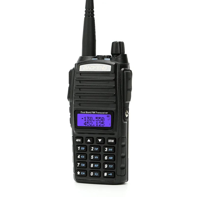 BF-UV82 8W walkie talkie black with antenna and display front view